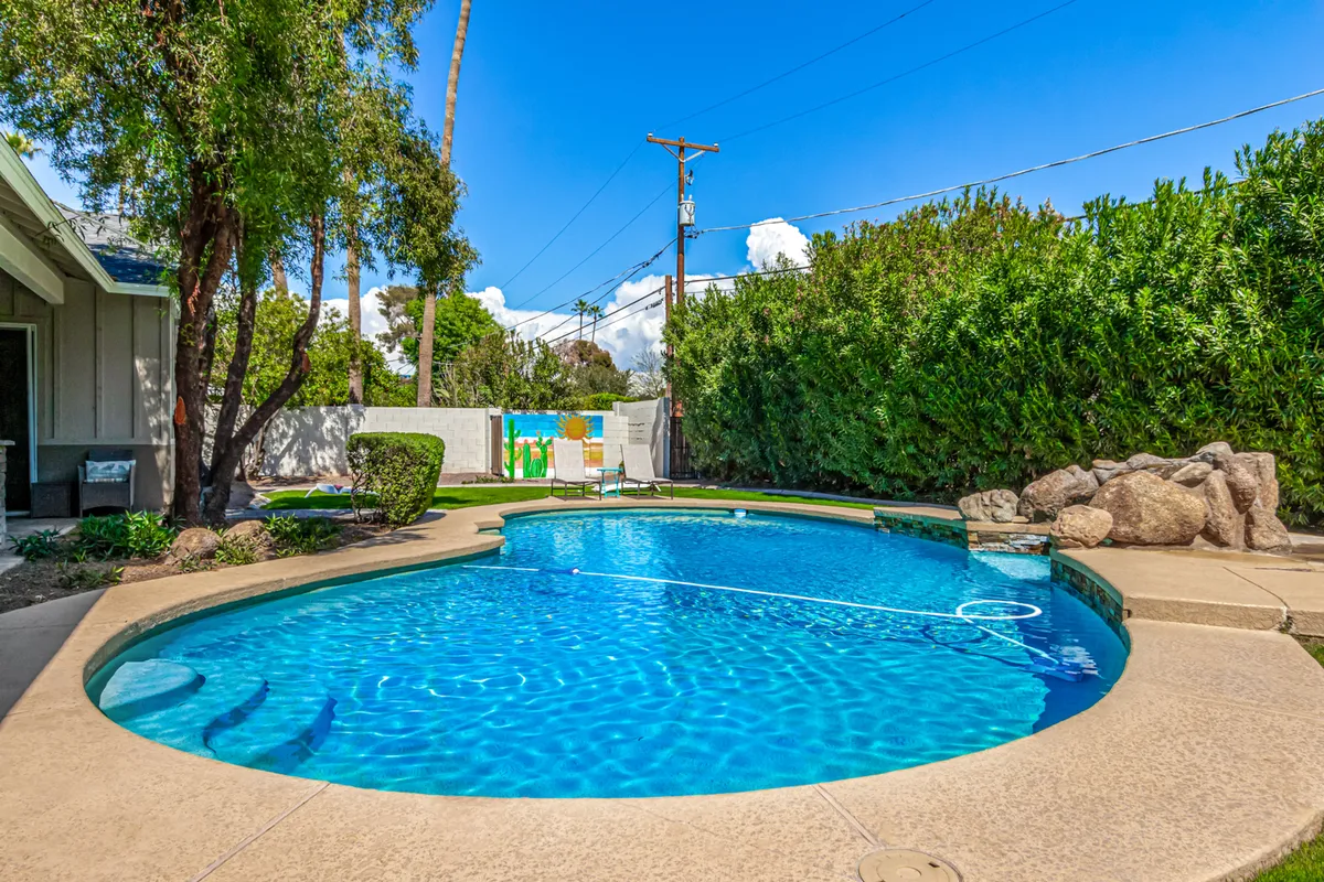 A tranquil yet inviting backyard scene with a swimming pool, surrounding greenery, and a decorative mural wall, illuminated for evening gatherings or a relaxing post-night-out swim under the stars.