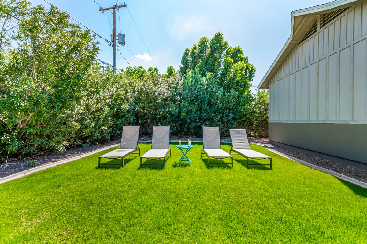 This inviting exterior scene features five lounge chairs with drinks on a side table, surrounded by lush greenery. The area is perfect for sunbathing, reading, or socializing, and exudes the feel of a boutique resort’s poolside retreat.